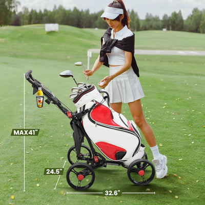 Clyvira 4-Wheel Golf Push Cart, 1-Click Folding, 300 lbs Load Capacity, Large Storage with Cup Holder, Cooler Bag, 10