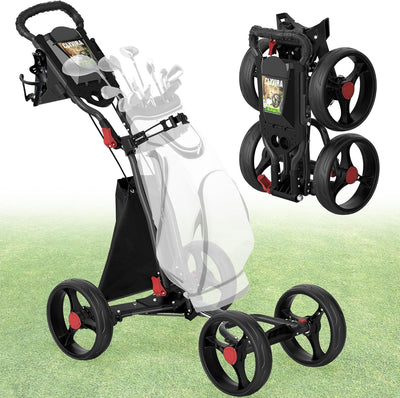 Clyvira 4-Wheel Golf Push Cart, 1-Click Folding, 300 lbs Load Capacity, Large Storage with Cup Holder, Cooler Bag, 10" Durable Wheels with Brake for All-Terrain