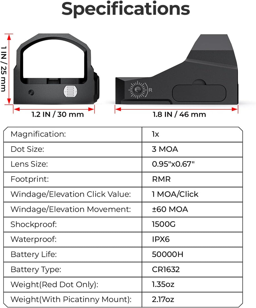 Red Dot Sight for RMR Pistol Cut, Shake Awake 3 MOA Handgan Red Dot, Reflex Sight