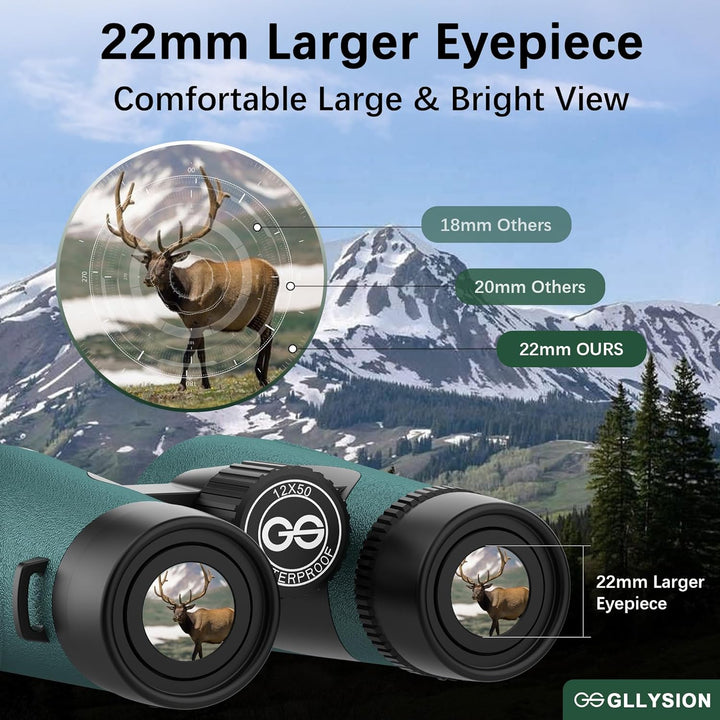 GLLYSION 12X50 UHD Binoculars for Adults High Powered with Phone Adapter, Super Bright IPX7 Waterproof Binoculars with BAK4 Prisms