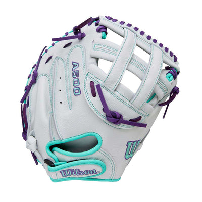 Wilson A500 Siren Fastpitch Dual Post CM White/Seafoam/Purple 32"-RHT Catcher Mitt - image 1