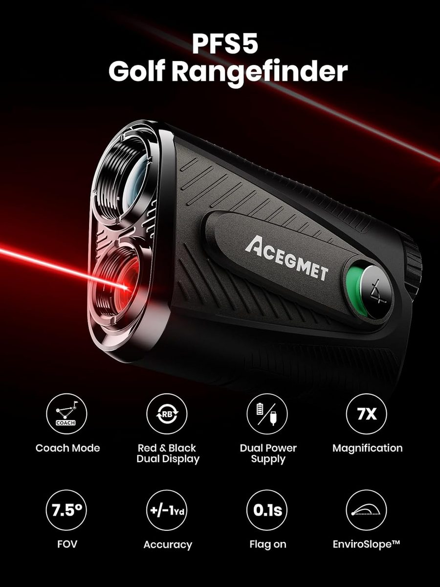 ACEGMET Golf Rangefinder with Slope & Coach Mode - Red & Black Display Laser Range Finder, Hybrid-pwr Rechargeable, 7X Magnification, 0.1s Flag Pin Locking Vibration, 1300 Yards, Magnet