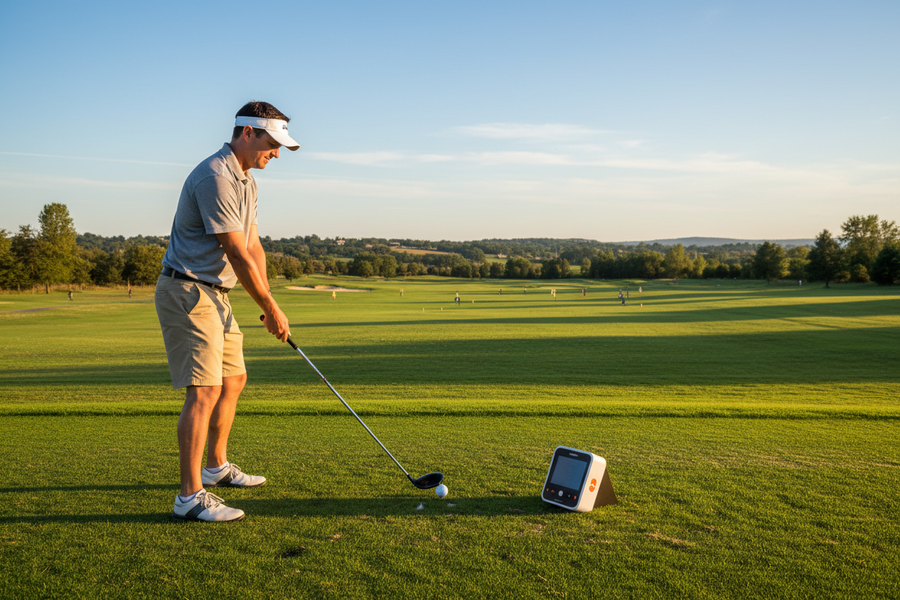 Golfer using Swing Caddie Launch Monitor on driving range