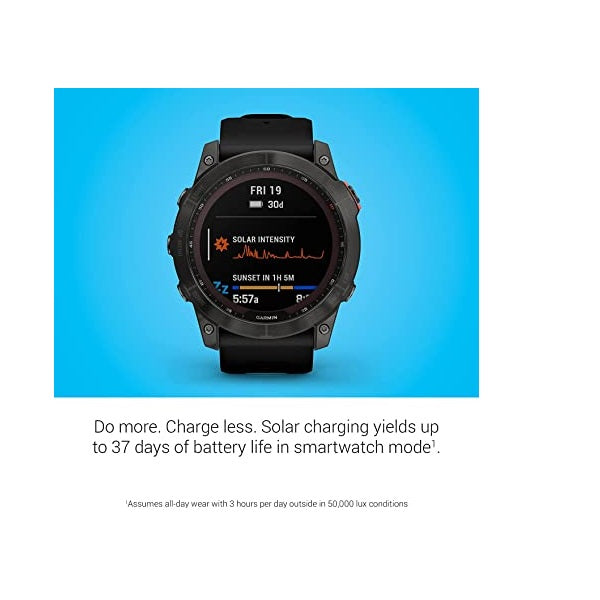 Garmin Fenix 7X Sapphire Solar Adventure smartwatch with Solar Charging Capabilities with GPS Touchscreen Wellness Features Black DLC Titanium with Black