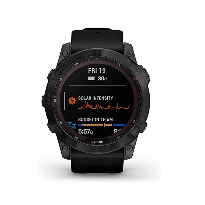 Garmin Fenix 7X Sapphire Solar Adventure smartwatch with Solar Charging Capabilities with GPS Touchscreen Wellness Features Black DLC Titanium with Black