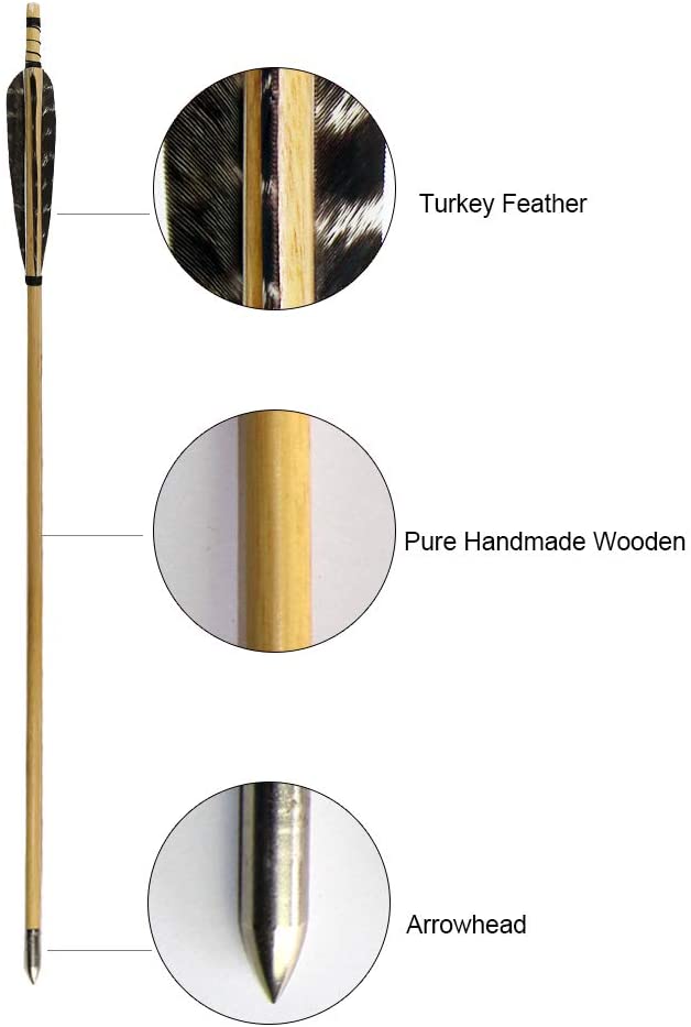 Huntingdoor 12 Pcs Turkey Feather Fletching Wooden Arrows Archery Target Arrows with Field Points for Recurve Bow or Longbow Targeting Practice Shooting